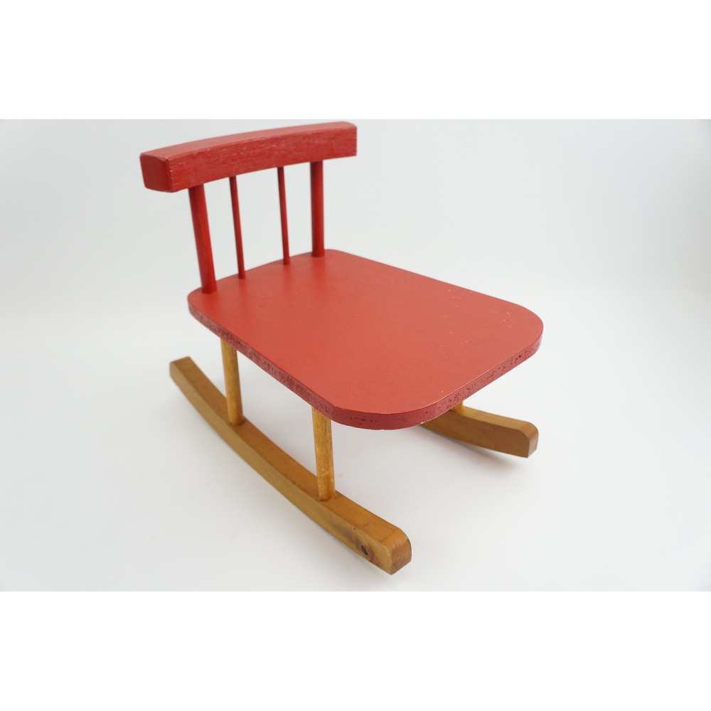 Vintage Handmade Wooden Rocking Doll Teddy Bear Chair Red Natural Wood‎ Decor GC